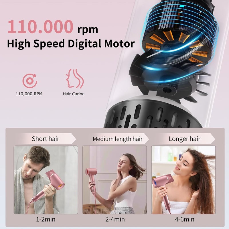 HZD Hair Dryer, Ionic Blow Dryer, 1500W High-Speed Hairdryer with 110000 RPM Brushless Motor for Fast Drying Low Noise, 4 Temps & 2 Speeds with Magnetic Nozzle - Image 3